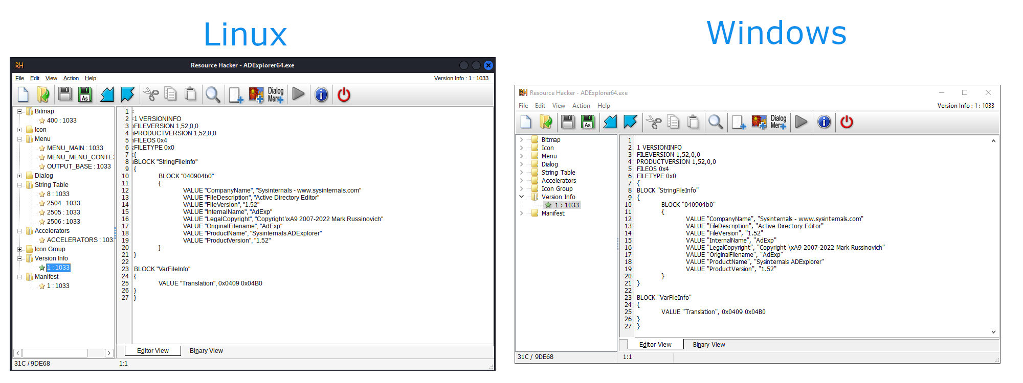 Binary information when running on Linux & Windows